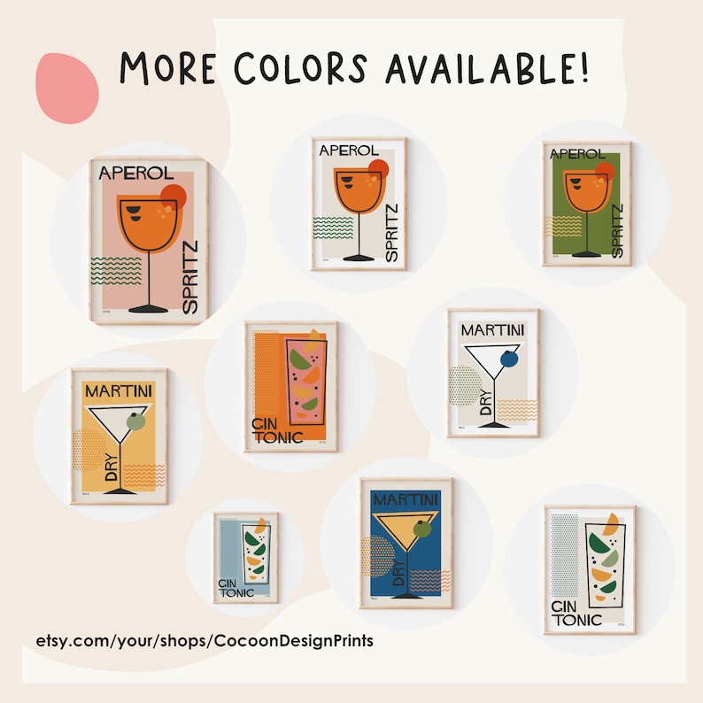 May include: Nine different printable cocktail posters with various color schemes. The posters feature illustrations of Aperol Spritz, Martini, and Gin Tonic cocktails. The text on the posters includes the names of the cocktails and the words "Dry" and "Cin Tonic".