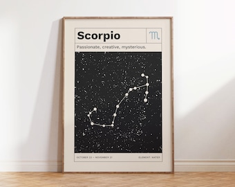 Cartel digital del horóscopo de Escorpio, Impresión de arte del zodiaco retro, Arte de pared de constelación minimalista moderno, Descarga digital de regalo de astrología