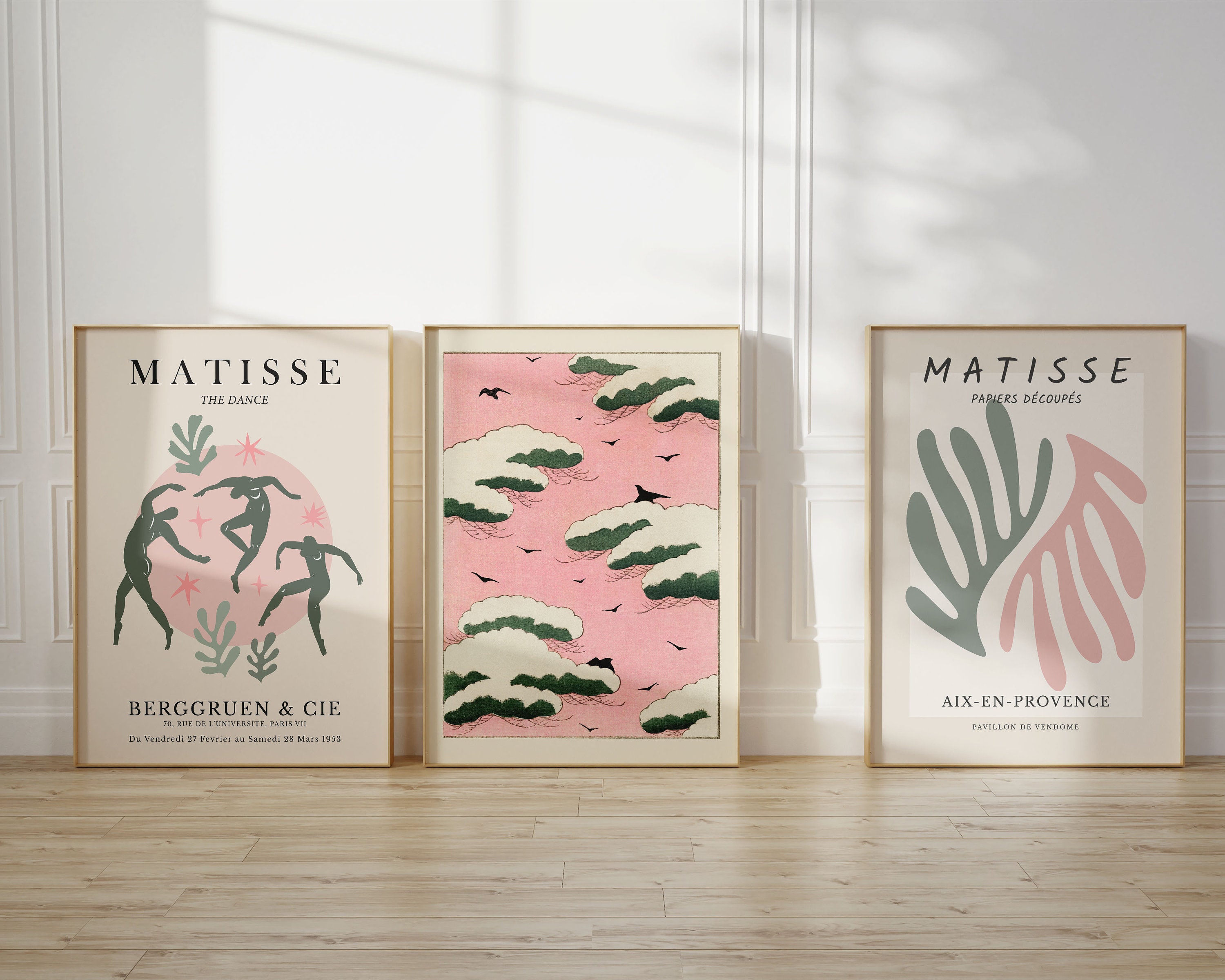 Sage Green Pink Triptych Wall Art, Matisse Prints and Japanese