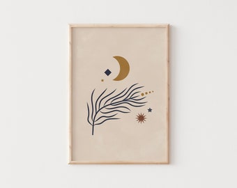 Boho Moon Digital Prints, Celestial Wall Art, Moon and Stars in Earth Tones