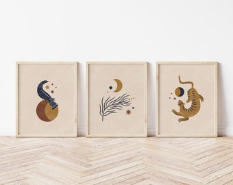 Set of 3 Celestial Boho Digital Prints, Mystical Animals with Moon and Stars, Boho Wall Art in Earth Tones