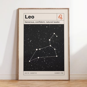 Leo Horoscope Digital Poster, Retro Zodiac Art Print, Modern Minimalist Constellation Wall Art, Astrology Gift Digital Download