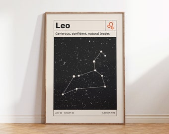 Cartel digital del horóscopo de Leo, Impresión de arte del zodiaco retro, Arte de pared de constelación minimalista moderno, Descarga digital de regalo de astrología