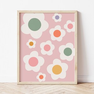 Funky Floral Wall Art, Retro Flowers Digital Print, Trendy Pink Botanical Poster, Groovy 60s 70s Art Digital Download