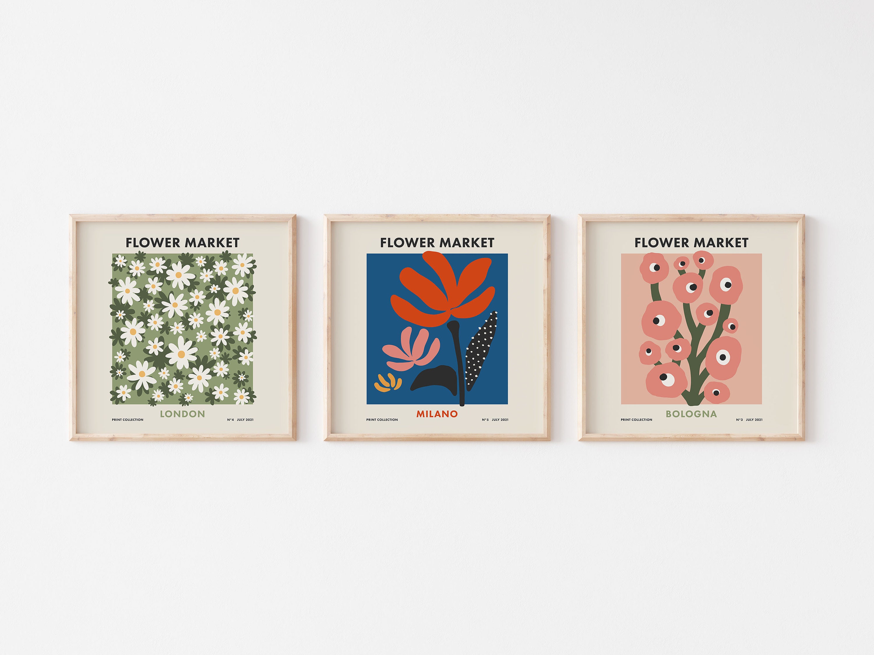 Flower Market Set of 9 Square Digital Prints, Retro Colorful Floral ...