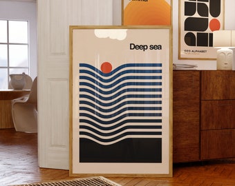 Impression de mer minimaliste rétro, art mural de plage tendance, affiche Bauhaus moderne du milieu du siècle, décoration murale d'été vintage géométrique en téléchargement numérique