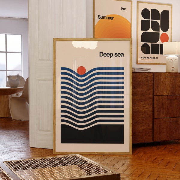 Impression de mer minimaliste rétro, art mural de plage tendance, affiche Bauhaus moderne du milieu du siècle, décoration murale d'été vintage géométrique en téléchargement numérique