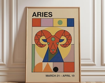 Aries Art Print, Astrology Wall Art, Retro Bauhaus Style Poster, Mid Century Modern Art, Zodiac Sign Gift, Digital Download