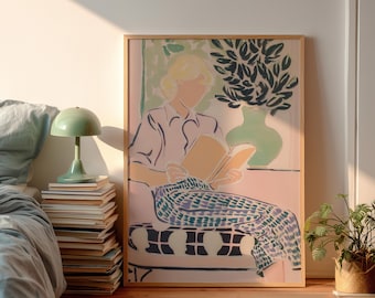 Abstract Woman Reading Bookish Print Cozy Book Lover Poster Retro Readers Wall Art Bedroom Wall Decor Girly Pastel Painting