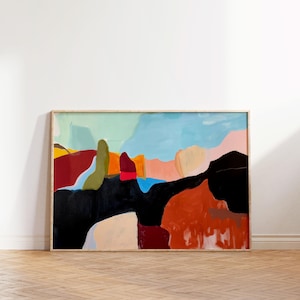 Può includere: Dipinto astratto con una scena di paesaggio colorata. Il dipinto presenta una varietà di forme e colori, tra cui rosso, arancione, giallo, verde, blu e nero. Il dipinto è incorniciato in una cornice di legno.