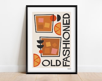 Old Fashioned Cocktail Art Print, Minimalist Mid Century Modern Bar Decor, Retro Kitchen Poster Digital Download