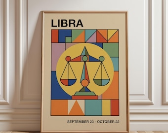 Libra Art Print, Astrology Wall Art, Retro Bauhaus Style Poster, Mid Century Modern Art, Zodiac Sign Gift, Digital Download