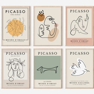 Picasso Exhibition Posters Set of 6, Gallery Wall Set Digital Download, Le chien, Woman Sketch, Abstract One Line Art Faces