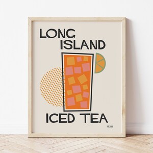 May include: A beige poster with the text "LONG ISLAND ICED TEA 1920" in black. A stylized illustration of a glass of iced tea with a lime wedge is in the center of the poster. The background is a light beige color with a yellow polka dot circle.