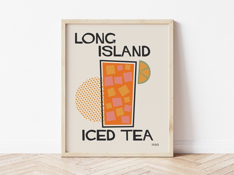 May include: A beige poster with the text "LONG ISLAND ICED TEA 1920" in black. A stylized illustration of a glass of iced tea with a lime wedge is in the center of the poster. The background is a light beige color with a yellow polka dot circle.