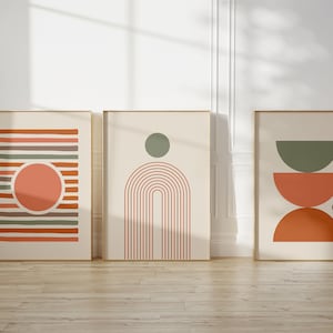 Mid Century Modern Set of 3 Prints, Boho Abstract Wall Art, Minimalist Geometric Posters in Burnt Orange and Sage Green Digital Download