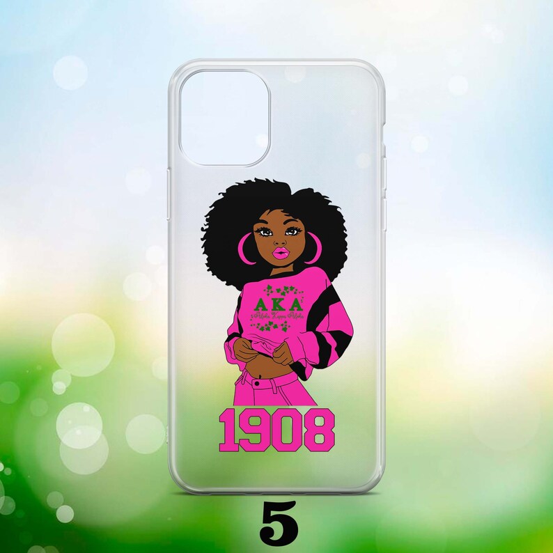 May include: A clear phone case with a pink and black design featuring a woman with an afro, the letters AKA, and the year 1908.