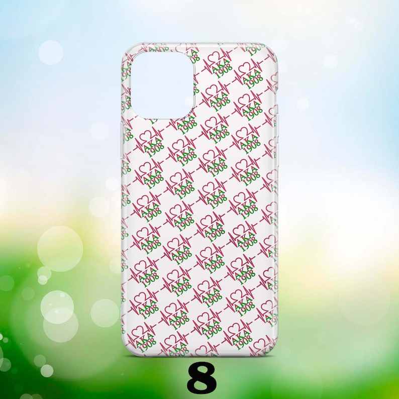 May include: A clear phone case with a white background and a repeating pattern of pink hearts with green and pink "AKA 1908" text.