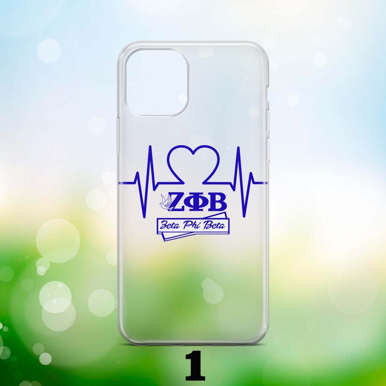 May include: A clear phone case with a blue heartbeat design featuring the letters "Z&Phi;B" and the text "Zeta Phi Beta".