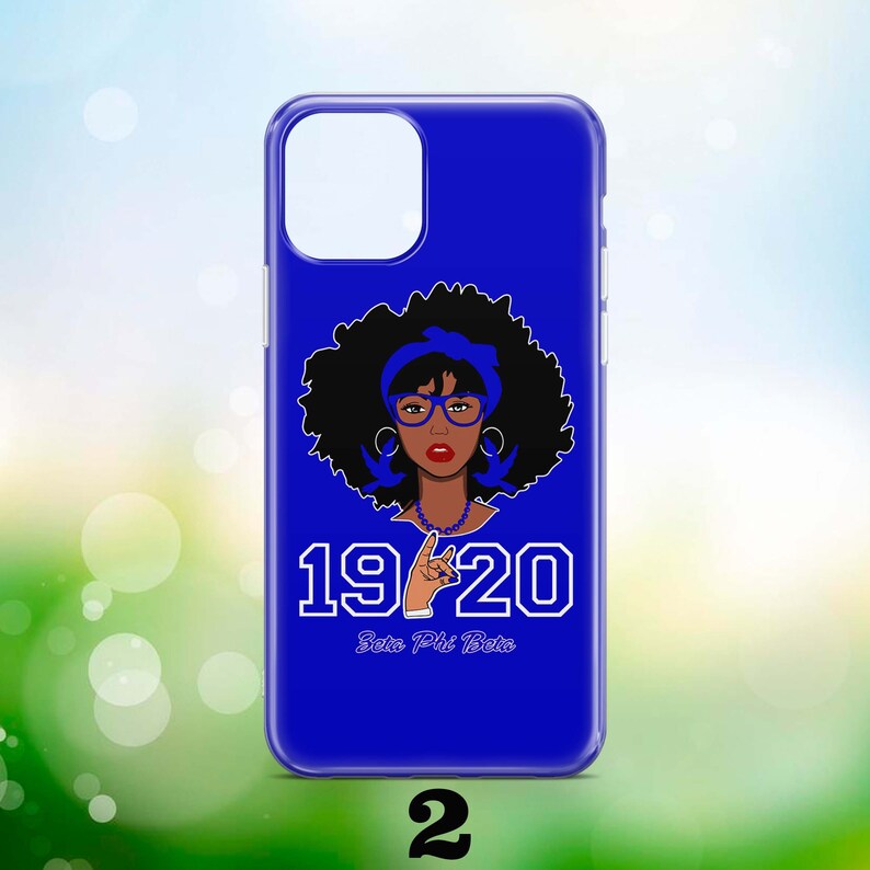 May include: A blue phone case with a black and white illustration of a woman wearing glasses and a blue headband. The text "1920 Zeta Phi Beta" is printed below the illustration.