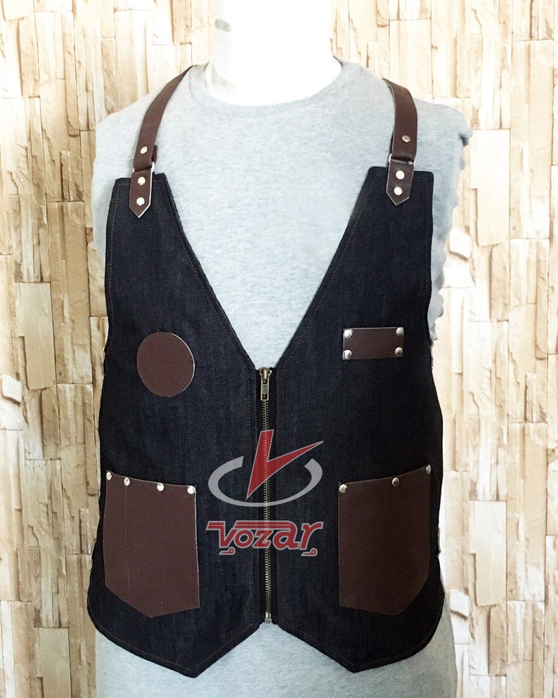 Barber Vest in Black denim Jeans with Pockets and Straps