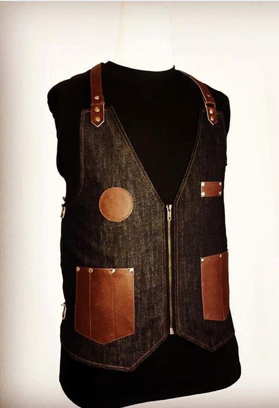 absorption Dyrke motion Pigment Barber Vest in Black Denim Jeans With Pockets and Straps - Etsy