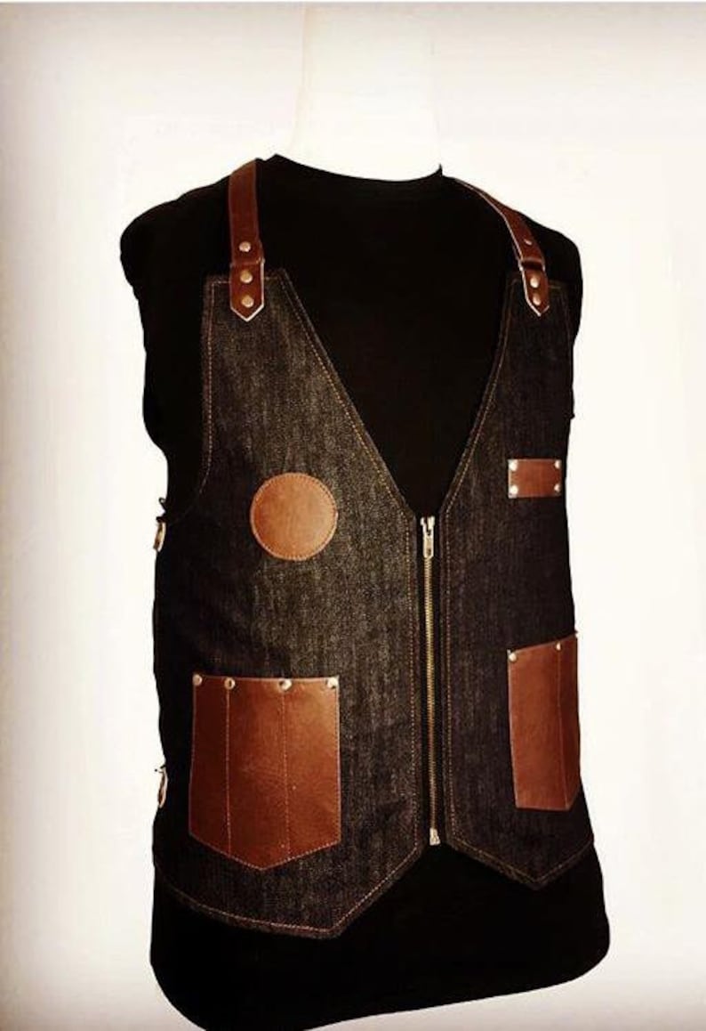 Barber Vest in Black denim Jeans with Pockets and Straps