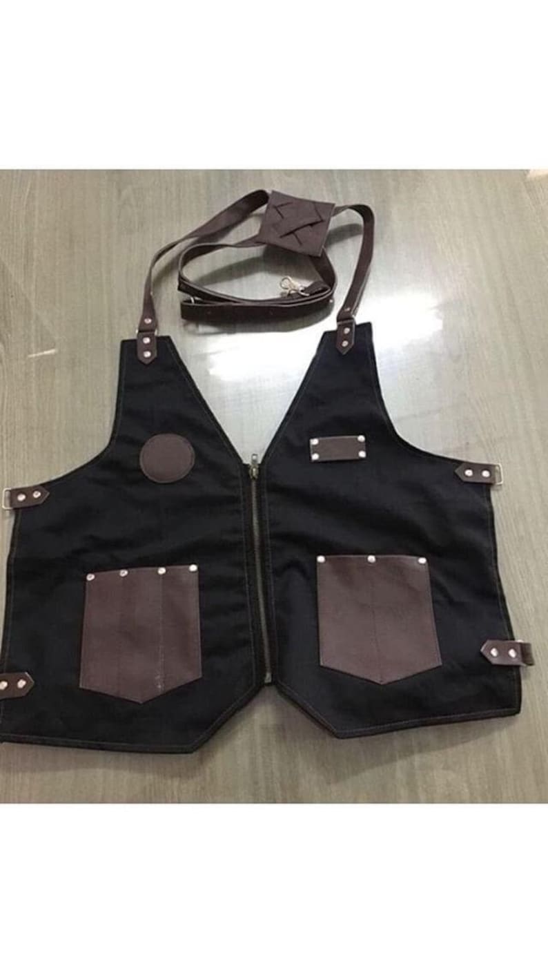 Barber Vest in Black denim Jeans with Pockets and Straps