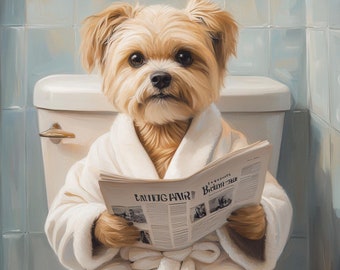 Bathroom Reading Dog Portrait: Humorous Custom Pet Art