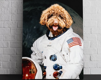 Custom Astronaut Pet Portrait Canvas, Pet Astronaut Digital, Pet Portrait from Photo, Astronaut Dog, Unique Name Gift, Astronaut Portrait