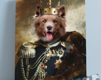 May include: A brown and white dog wearing a gold crown and a blue and gold military uniform with fur trim. The dog is looking at the viewer with its mouth open and tongue out. The background is a brown and gold painting.