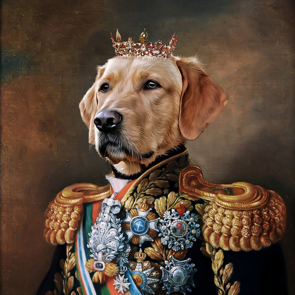 Lienzo de pintura de retrato de mascota personalizado, retrato de perro renacentista de la foto, retrato del rey mascota real pintura arte digital, diseño de arte de retrato