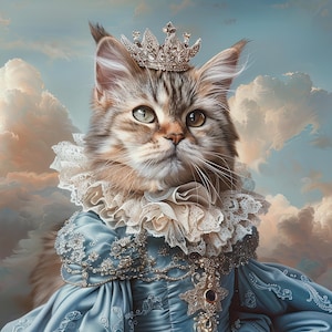 May include: A cat wearing a blue gown with a white lace collar and a jeweled crown. The cat is sitting against a cloudy sky background.
