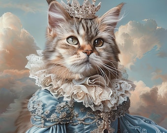 May include: A cat wearing a blue gown with a white lace collar and a jeweled crown. The cat is sitting against a cloudy sky background.