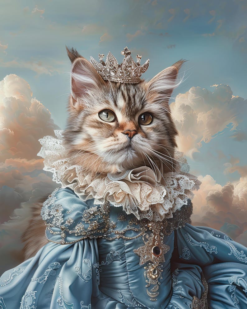May include: A cat wearing a blue gown with a white lace collar and a jeweled crown. The cat is sitting against a cloudy sky background.