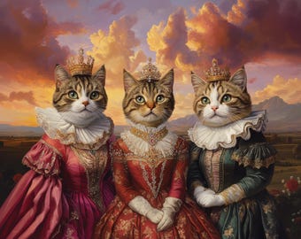 May include: Three cats dressed in royal attire, wearing crowns and elaborate gowns. The cats are sitting in a row, with a sunset background.