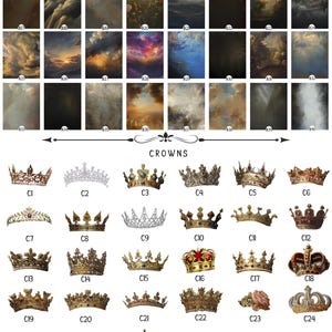 Pode incluir: Uma cole&ccedil;&atilde;o de 30 fundos digitais com diferentes cenas de c&eacute;u, incluindo nuvens, pores do sol e noites estreladas. Tamb&eacute;m est&atilde;o inclu&iacute;dos 30 designs de coroas e 5 designs de brincos.