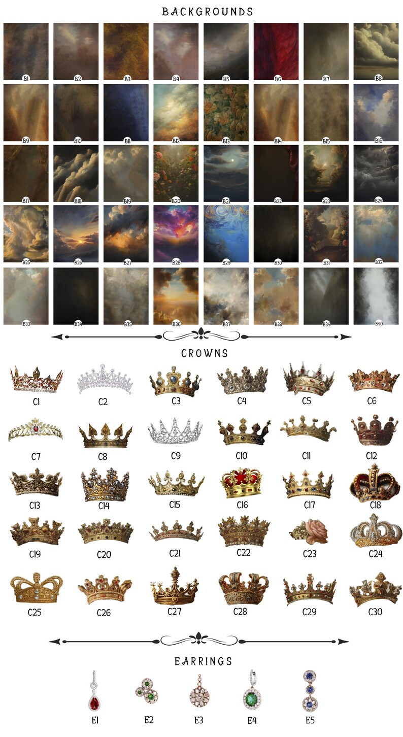 Pode incluir: Uma cole&ccedil;&atilde;o de 30 fundos digitais com diferentes cenas de c&eacute;u, incluindo nuvens, pores do sol e noites estreladas. Tamb&eacute;m est&atilde;o inclu&iacute;dos 30 designs de coroas e 5 designs de brincos.