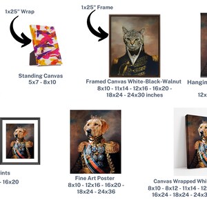 Pode incluir: Uma ilustra&ccedil;&atilde;o digital de um c&atilde;o vestindo um uniforme militar com uma coroa na cabe&ccedil;a. A imagem mostra diferentes op&ccedil;&otilde;es para imprimir a imagem, incluindo impress&otilde;es emolduradas, impress&otilde;es em tela e downloads digitais. Os tamanhos das impress&otilde;es s&atilde;o listados em polegadas.