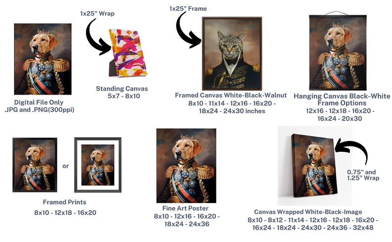 Pode incluir: Uma ilustra&ccedil;&atilde;o digital de um c&atilde;o vestindo um uniforme militar com uma coroa na cabe&ccedil;a. A imagem mostra diferentes op&ccedil;&otilde;es para imprimir a imagem, incluindo impress&otilde;es emolduradas, impress&otilde;es em tela e downloads digitais. Os tamanhos das impress&otilde;es s&atilde;o listados em polegadas.