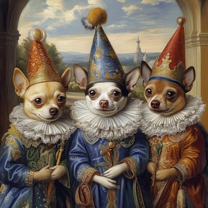 Puede incluir: Pintura de tres chihuahuas vestidos con trajes renacentistas, incluyendo sombreros altos y adornados y cuellos con volantes. Posan frente a un paisaje, cada uno sosteniendo un pequeño bastón o cetro, creando una escena regia y caprichosa.