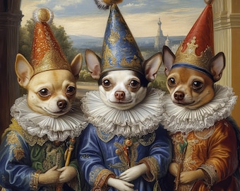 Custom Funny 3 Pet Portrait Jester Dog Art Trio Personalized Christmas Gift