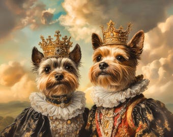 May include: Two Yorkshire Terrier dogs wearing gold crowns and royal clothing. The dogs are looking at the camera. The background is a cloudy sky.