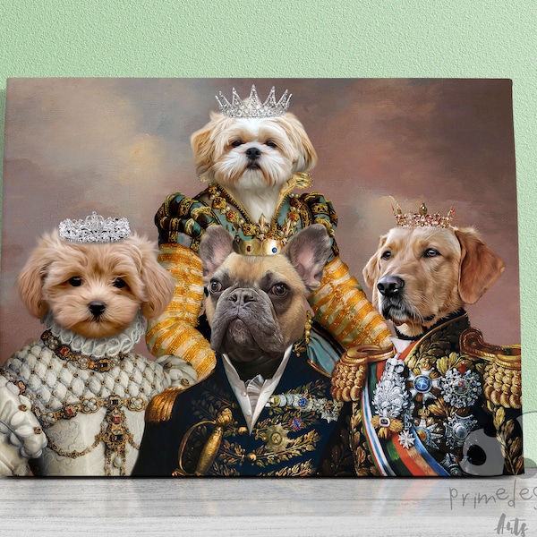 Custom 4 Pets Portrait Royal, Christmas Gift Pet Regal, Custom Pet Portrait, Funny Pet Lover Gift, King Dog, Portrait Art Design