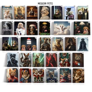 Pode incluir: Uma colagem de 30 imagens com v&aacute;rios animais de estima&ccedil;&atilde;o em diferentes fantasias e cen&aacute;rios. Os animais de estima&ccedil;&atilde;o est&atilde;o vestidos com uma variedade de roupas, incluindo um chap&eacute;u de chef, um uniforme de m&eacute;dico, uma armadura de cavaleiro e uma fantasia de super-her&oacute;i. As imagens est&atilde;o dispostas em uma grade, com cada imagem rotulada com uma letra e um n&uacute;mero.