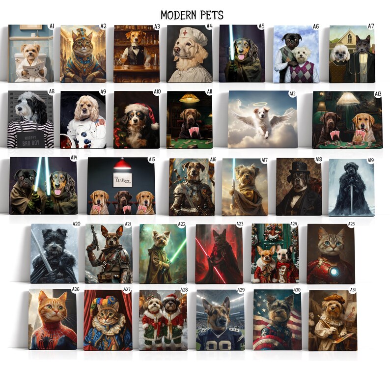Pode incluir: Uma colagem de 30 imagens com v&aacute;rios animais de estima&ccedil;&atilde;o em diferentes fantasias e cen&aacute;rios. Os animais de estima&ccedil;&atilde;o est&atilde;o vestidos com uma variedade de roupas, incluindo um chap&eacute;u de chef, um uniforme de m&eacute;dico, uma armadura de cavaleiro e uma fantasia de super-her&oacute;i. As imagens est&atilde;o dispostas em uma grade, com cada imagem rotulada com uma letra e um n&uacute;mero.