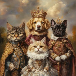 May include: A group of four pets dressed in royal attire. A brown and white cat with a gold crown and a long, flowing robe, a black and white cat with a gold crown and a blue and gold robe, a golden retriever with a gold crown and a red and gold robe, and a black French bulldog with a gold crown and a red and gold robe.