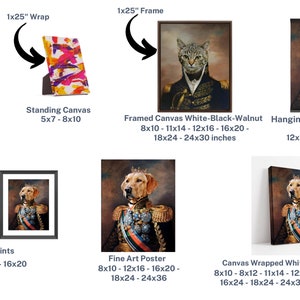 K&ouml;nnte beinhalten: Eine digitale Illustration eines Hundes, der eine Milit&auml;runiform mit einer Krone auf dem Kopf tr&auml;gt. Das Bild zeigt verschiedene Optionen zum Drucken des Bildes, darunter gerahmte Drucke, Leinwanddrucke und digitale Downloads. Die Gr&ouml;&szlig;en der Drucke sind in Zoll angegeben.
