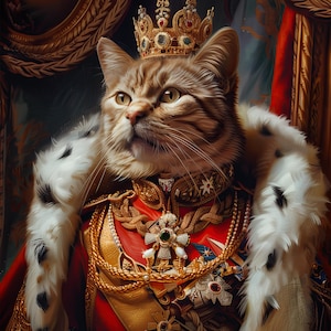 May include: A tabby cat wearing a gold crown and a red and gold royal robe with a fur collar. The cat is sitting on a throne and has a serious expression on its face.