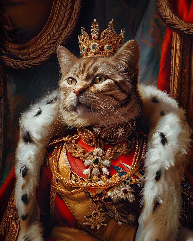 May include: A tabby cat wearing a gold crown and a red and gold royal robe with a fur collar. The cat is sitting on a throne and has a serious expression on its face.